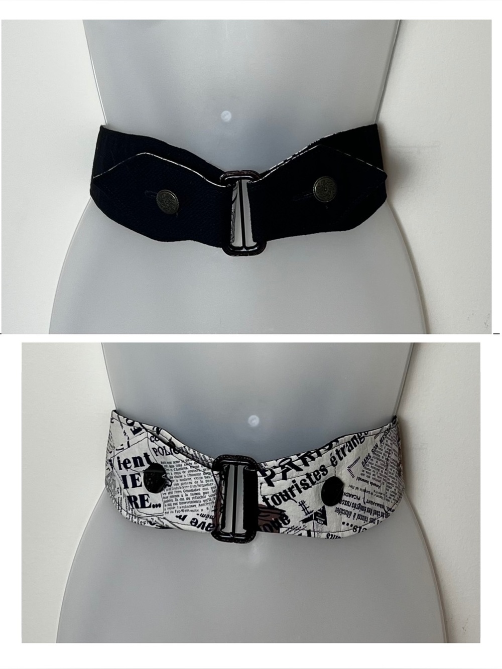 One-of-a-Kind Handmade Reversible Cinch Belt – Newspaper Print & Solid Black